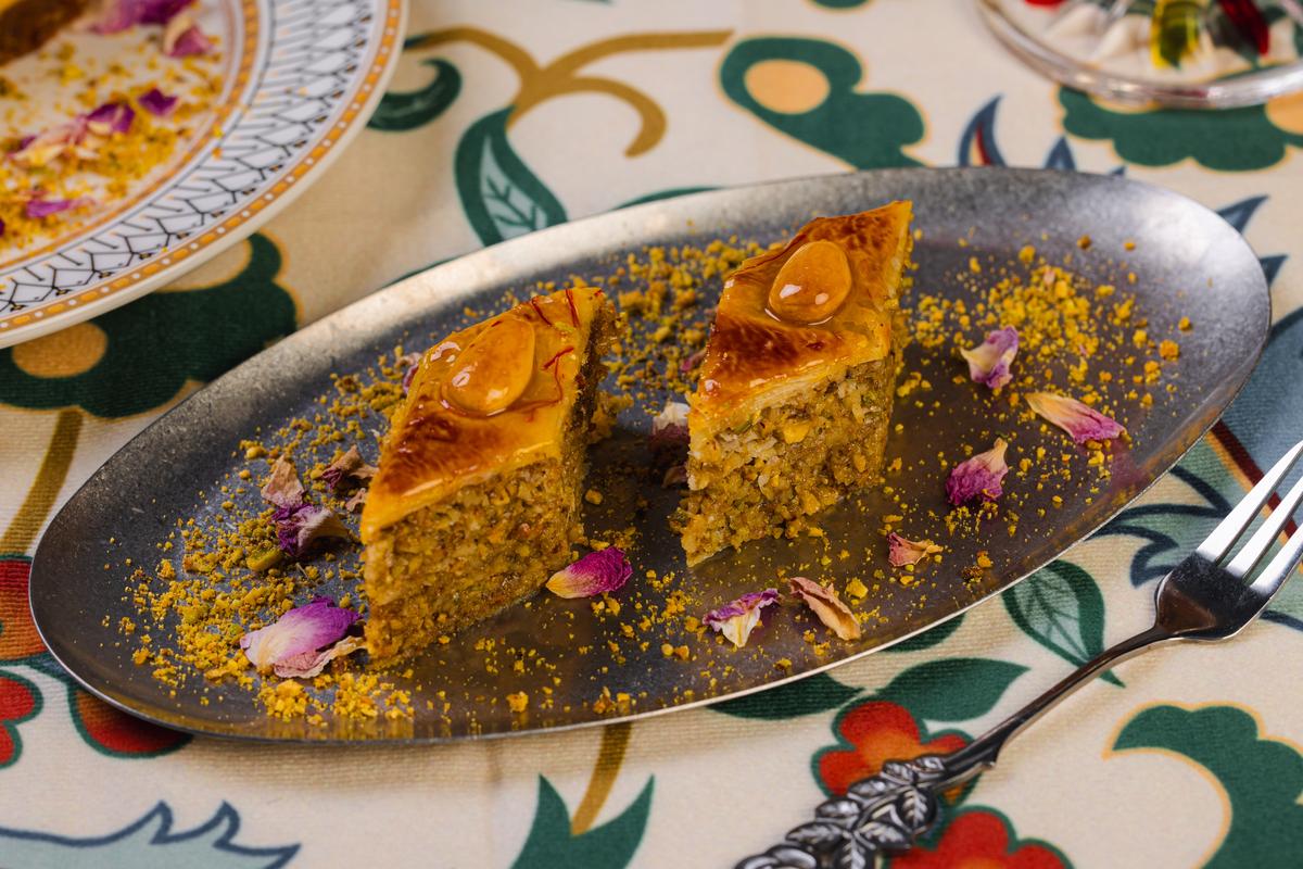 Baklava with saffron, rose petals and pistachio