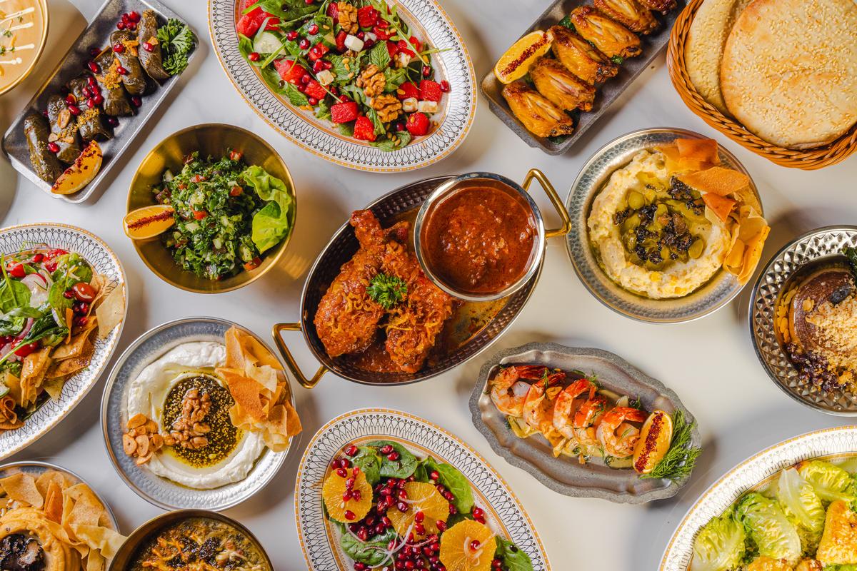 The spread from above: stews, salads, breads and dips