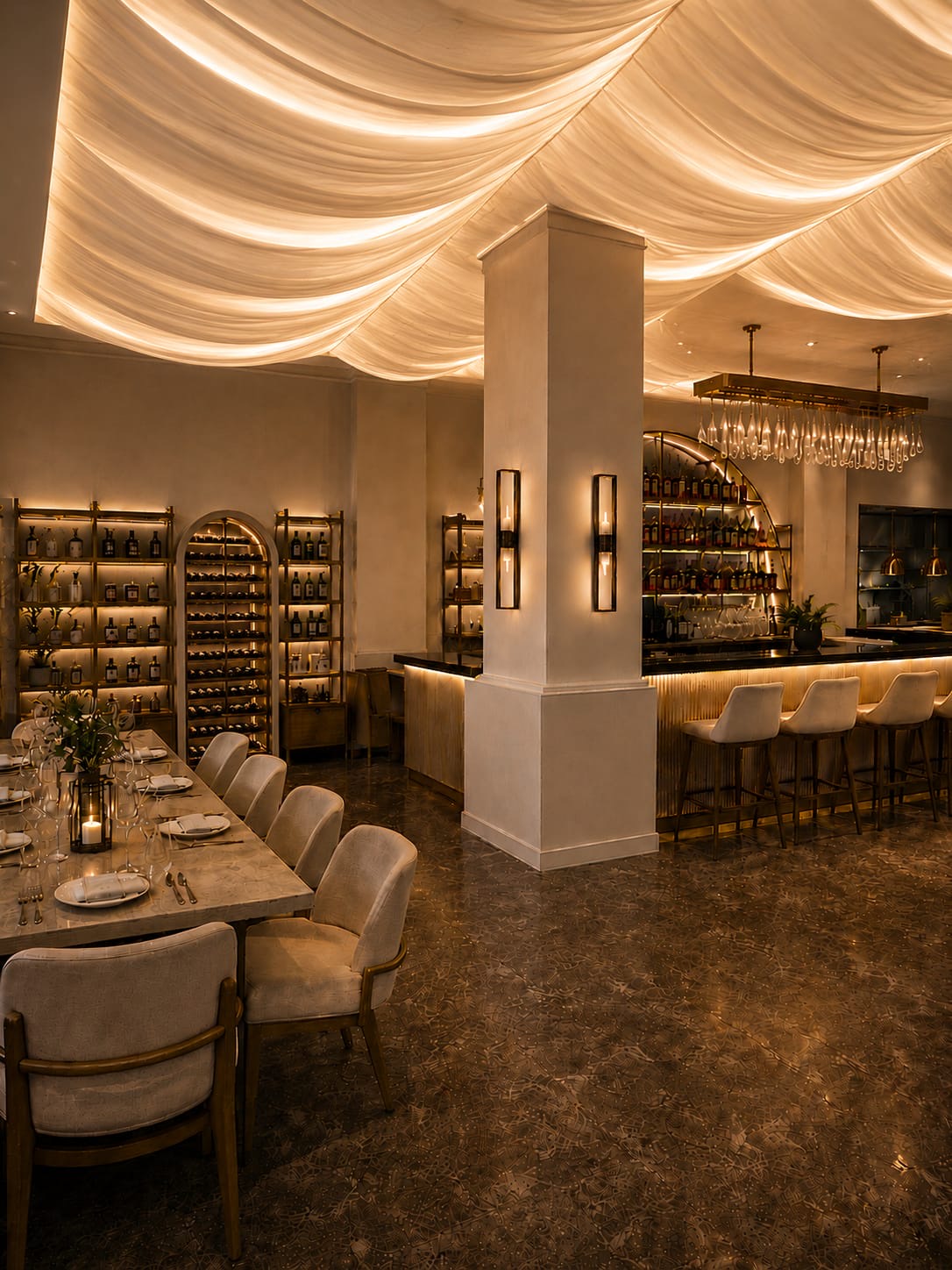 The draped dining room, looking through to the arched bar
