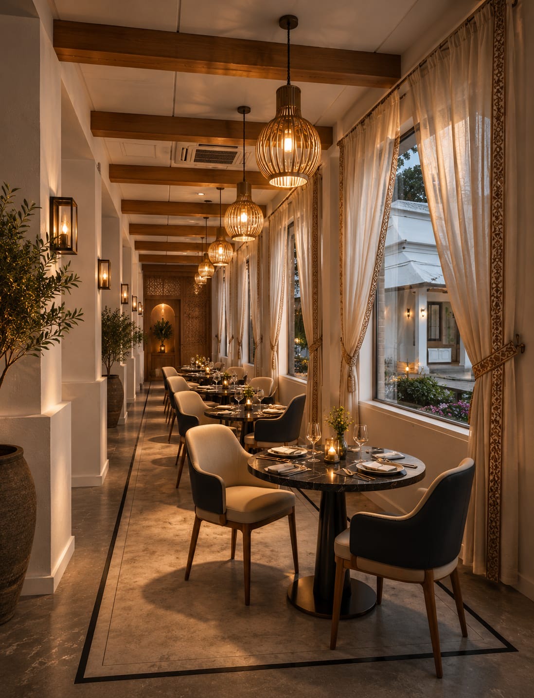 A wicker lantern over a table for two in the colonnade