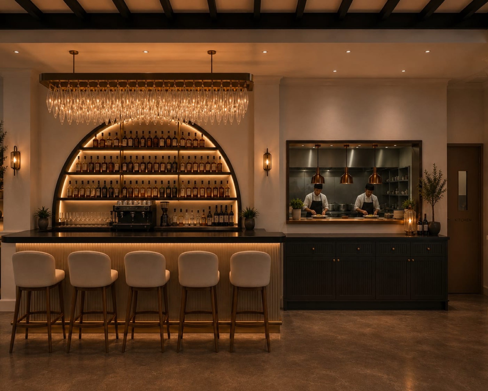 The arched, backlit bar and open kitchen at Shirazi